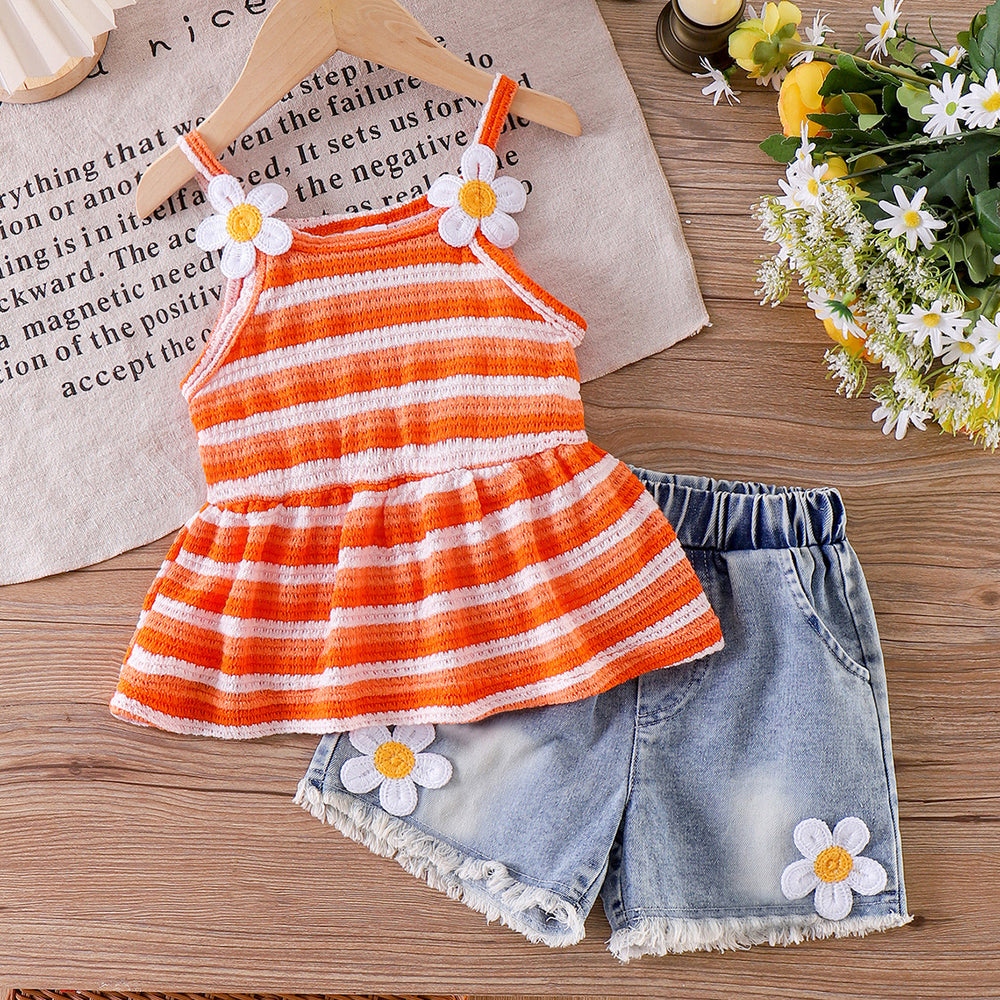 Children's clothing shein cross-border girl suit orange suspender tops + blue shorts