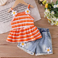 Children's clothing shein cross-border girl suit orange suspender tops + blue shorts