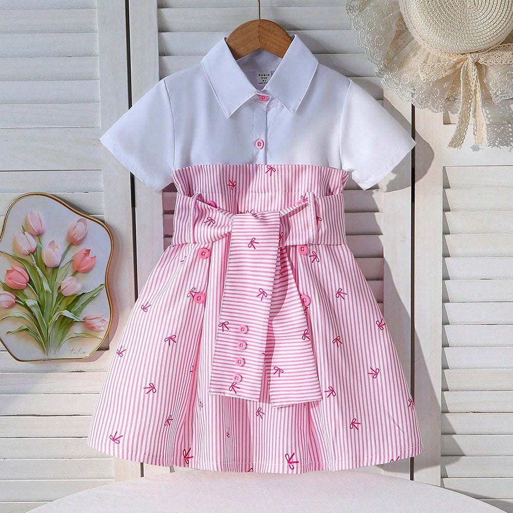 new arrival: girls' european & american style color block bow print a-line dress