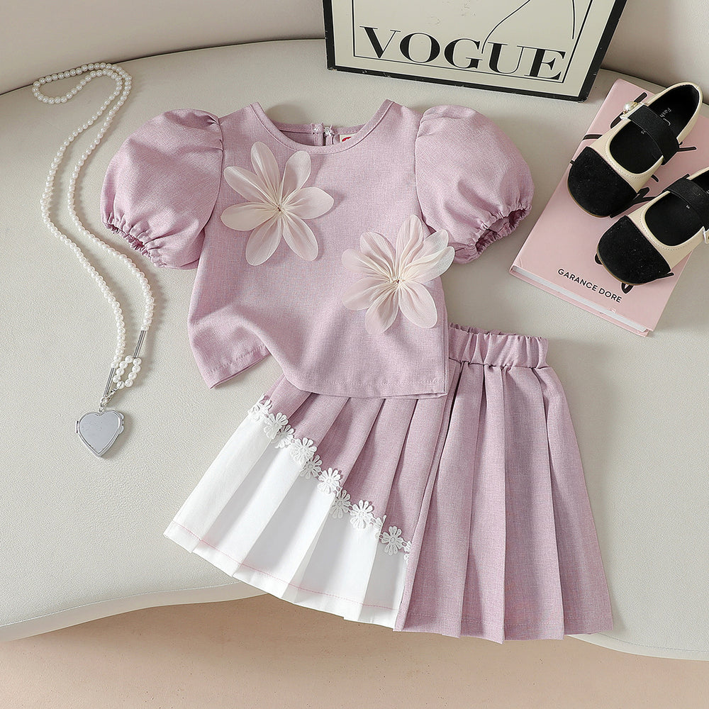 new autumn cross-border girls' elegant floral solid color puff sleeve top + a-line pleated skirt set