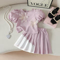 new autumn cross-border girls' elegant floral solid color puff sleeve top + a-line pleated skirt set