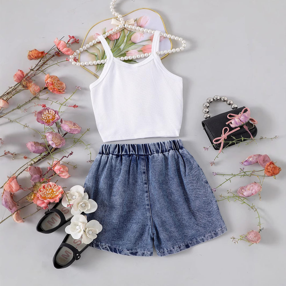 Children's clothing  cross-border european and american girls summer sling stereo flower jeans set