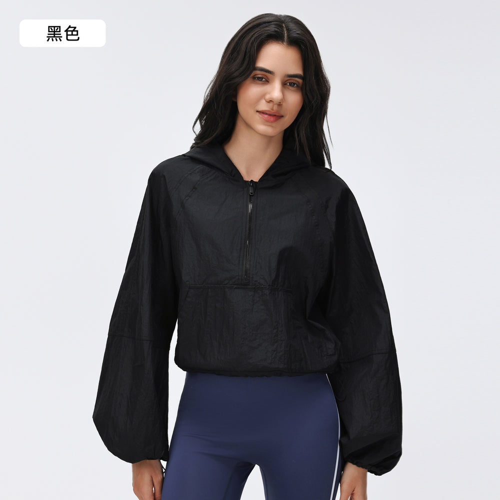 Spring half-zip hooded athletic windbreaker - women's short, loose-fit, versatile outdoor running & fitness jacket - d26004