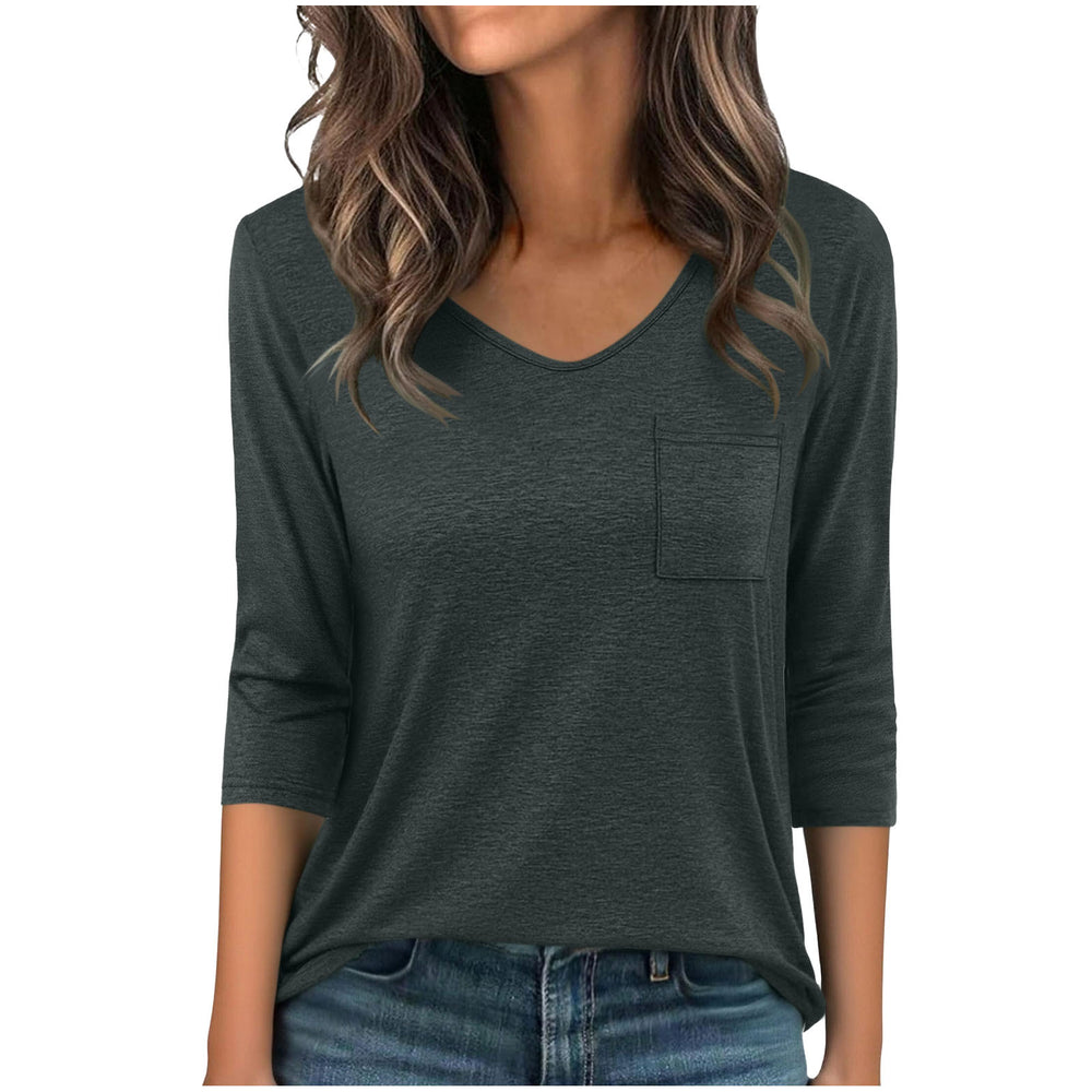 european and american cross-border new arrival: slim-fit, versatile solid color v-neck pocket pullover three-quarter sleeve t-shirt - women's casual top