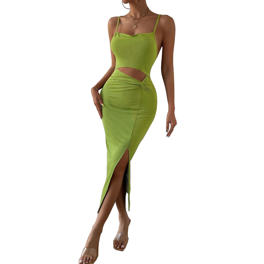 European and american  women's clothing  new hollow-out slit waist-cinching bodycon knit cami sexy dress - in stock