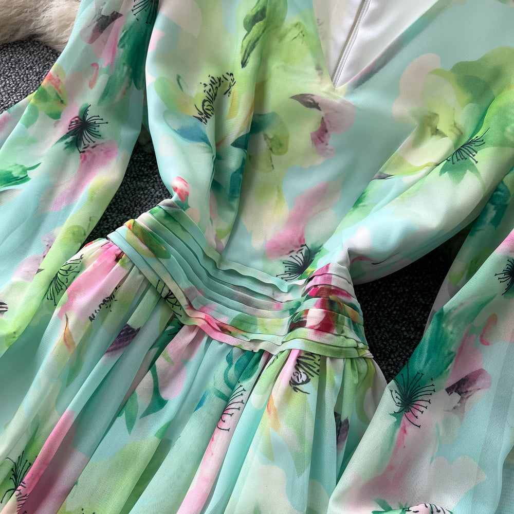Gentle atmosphere printing lantern sleeve v neckdress women's summer waist slimming look large swing accessible luxuryelegant long skirt