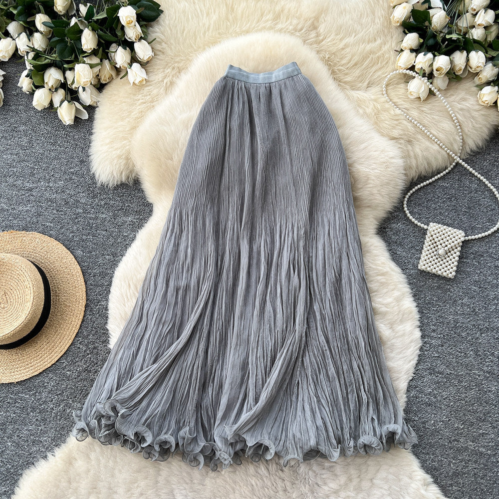K-style high waist pleated lace skirt women's summer a-line casual large swing work clothingelegant long skirt multi-color