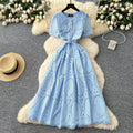Frenchclassy small fragrant style heavy industry beading round neck short sleeve strap waist cut out crochet lacedress for women