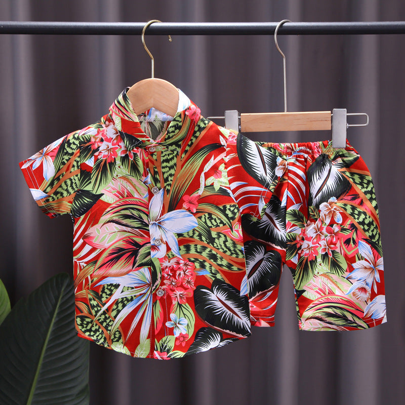 Kids' floral shirt set, 0-4 years old boys' all-over print short-sleeve t-shirt two-piece set, southeast asian style children's clothing wholesale