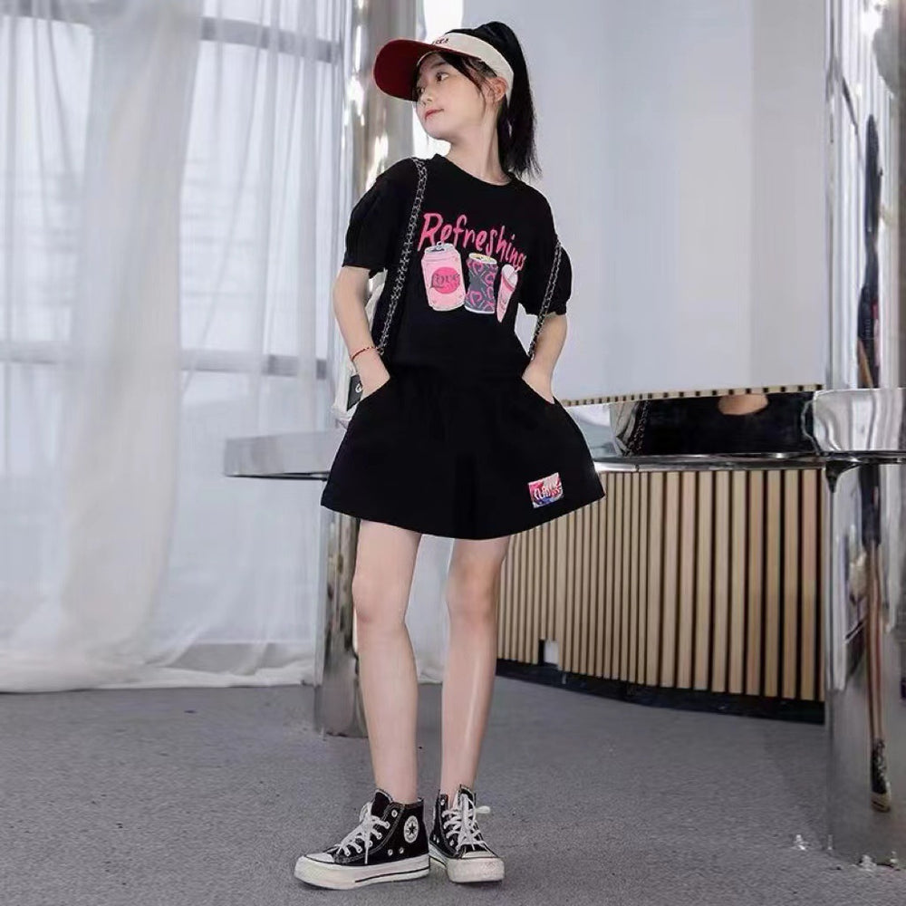 Girls' preppy style outfit, kids'  summer collection, short-sleeved chic spring/summer big girls' jk skirt two-piece trendy set
