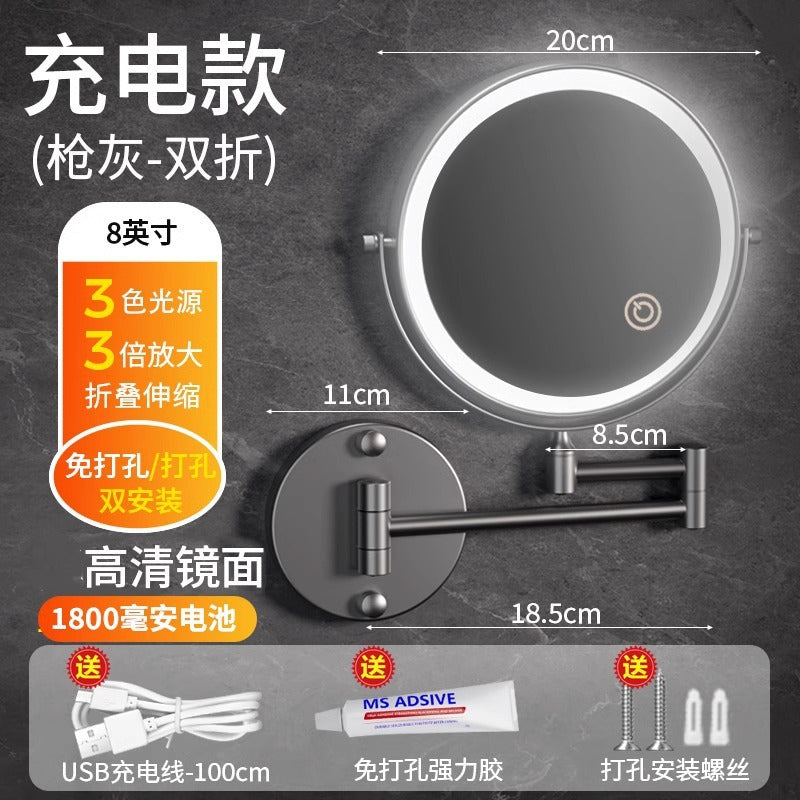 Toilet mirror folding non-punching hotel bathroom cosmetic mirror wall hanging telescopic double-sided LED beauty mirror with lamp