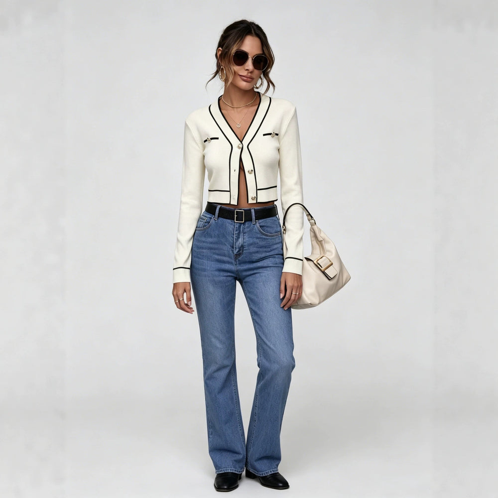 spring/autumn new arrival: v-neck chanel-inspired color block knit cardigan - elegant, age-defying long sleeve top/sweater