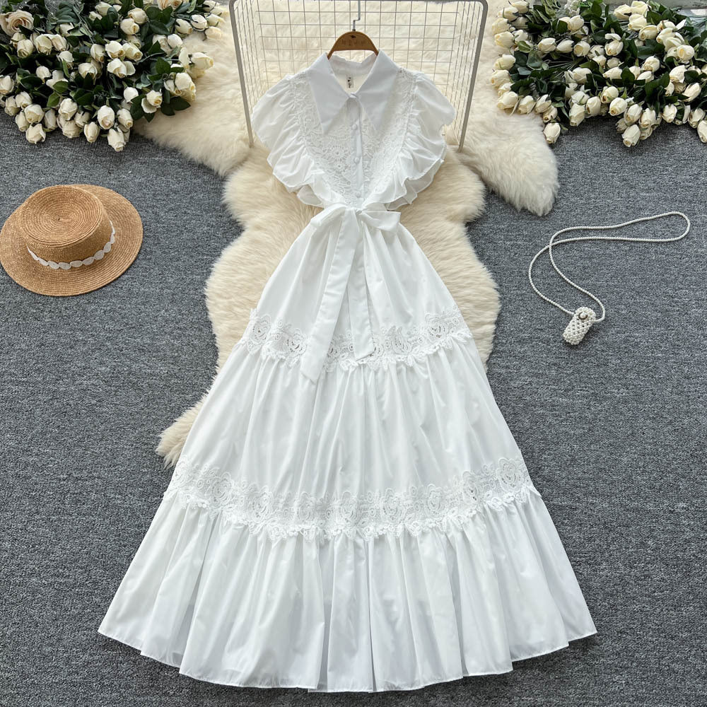 Frencheleganceretrocut outlacepatchwork waist small flying sleeve dress women's slimming lookelegant large swing long skirt