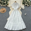 Frencheleganceretrocut outlacepatchwork waist small flying sleeve dress women's slimming lookelegant large swing long skirt