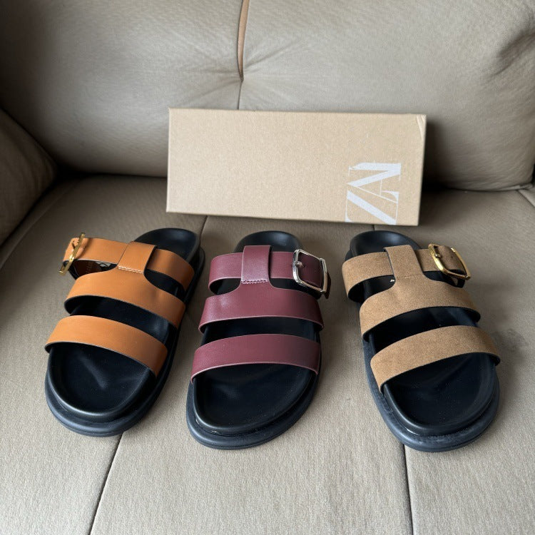 Spanish 2025 summer new arrival: one-strap, open-back women's sandals - crimson red, flat, round-toe, lace-up leather sandals