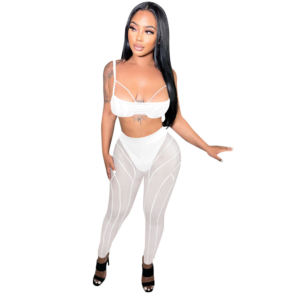 C5799 special offer: no returns or exchanges. please purchase with care. european and american style bandeau top, camisole, zipper mesh see-through pants two-piece set
