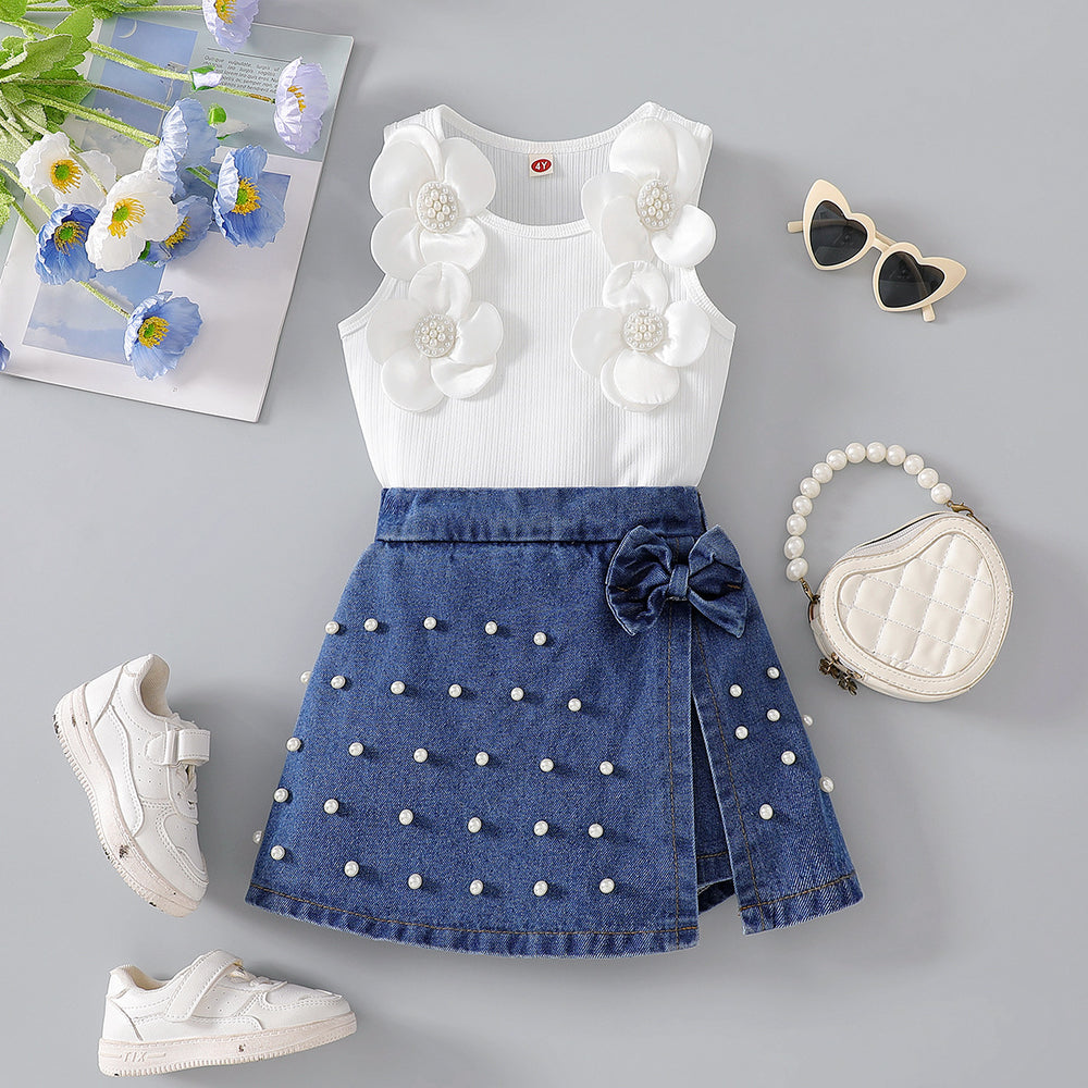 cross-border girls' fashion set: european & american style floral top + irregular bowknot beaded denim jeans