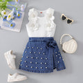 cross-border girls' fashion set: european & american style floral top + irregular bowknot beaded denim jeans