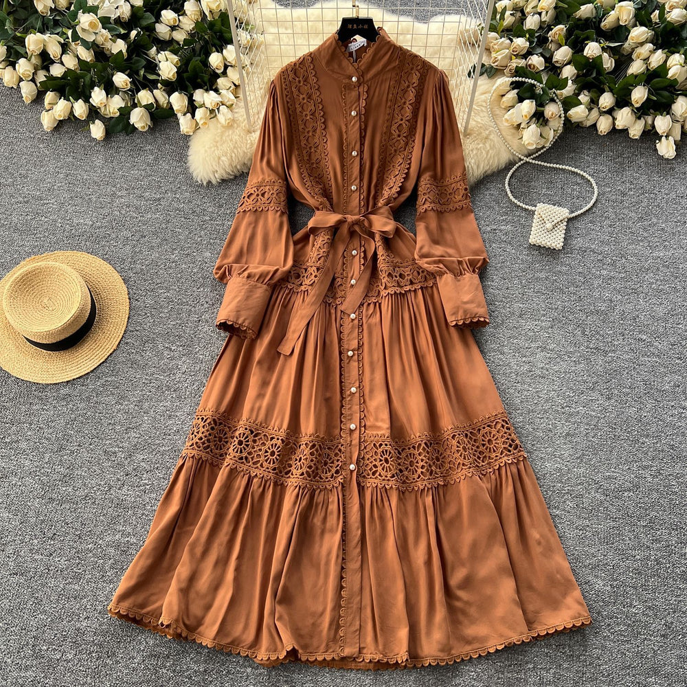 Frenchclassyretrolacepatchwork pearl single breasted slimmingelegant stand collar lantern sleeve large swing dress