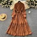 Frenchclassyretrolacepatchwork pearl single breasted slimmingelegant stand collar lantern sleeve large swing dress