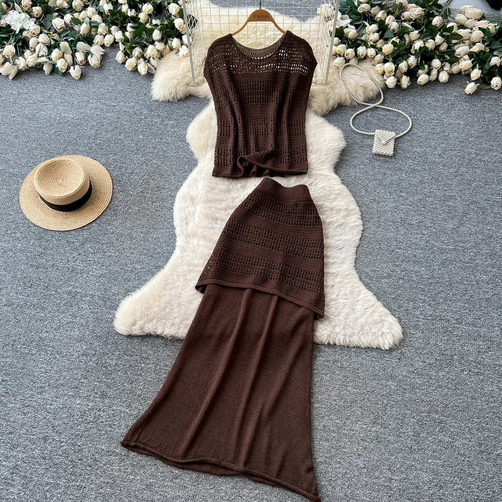 Lazy style cut outknitting skirt two-piece set women's summersense of design silmslimming lookclassy sense work clothingsuit