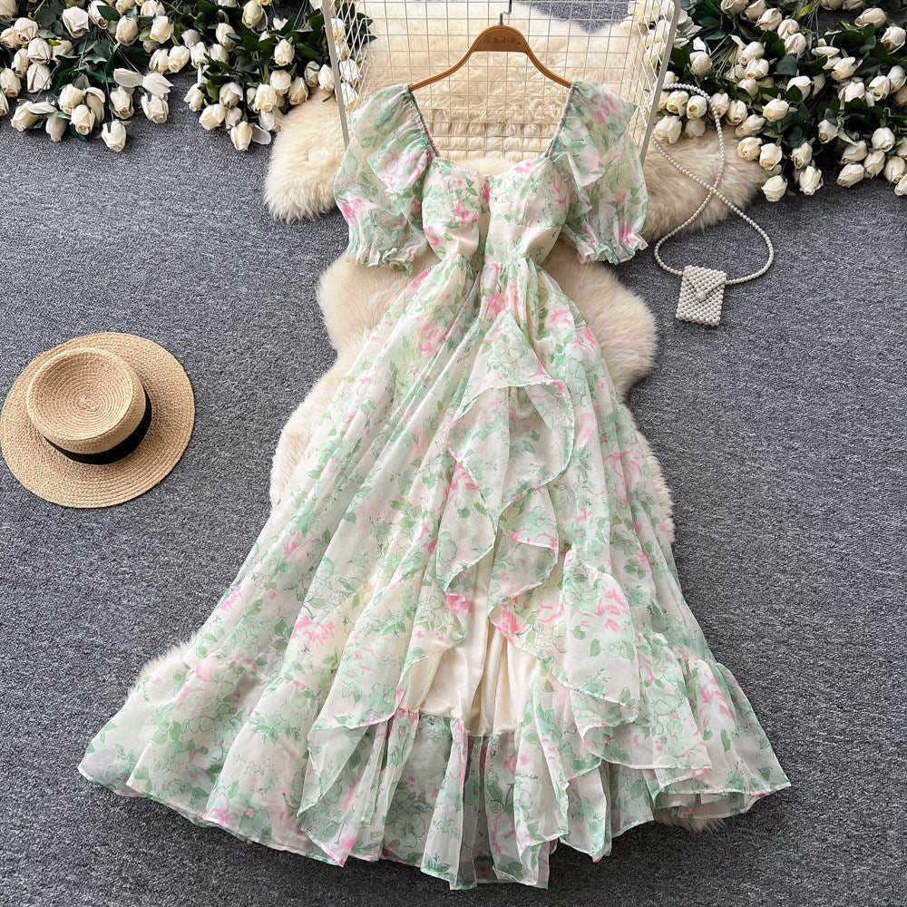 French fairy style puff sleeve floral dress women's summer korean style cinched waist ruffle hem vacation maxi dress - elegant