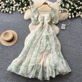 French fairy style puff sleeve floral dress women's summer korean style cinched waist ruffle hem vacation maxi dress - elegant