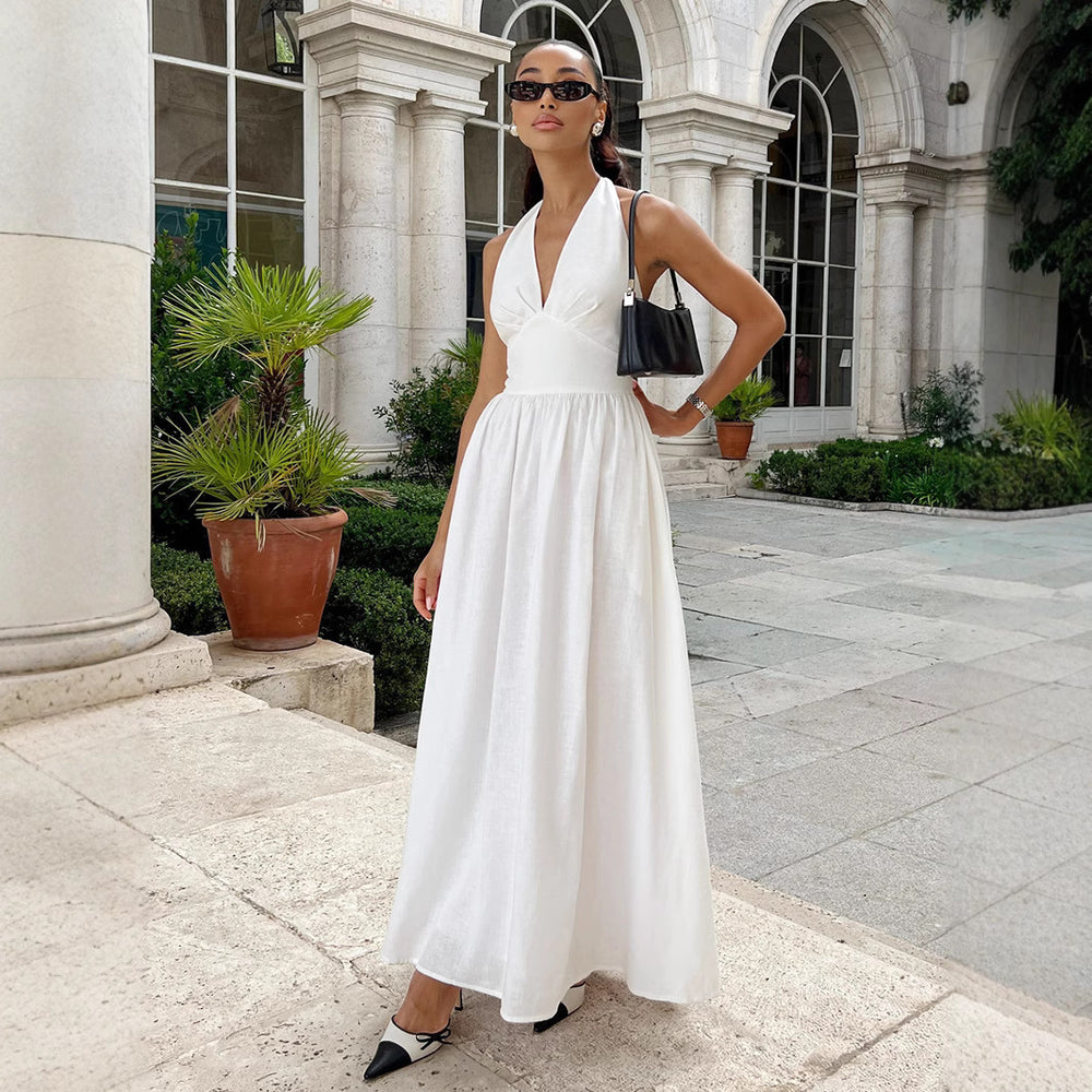 Export cross-border  summernew arrival women's pure colorv neckelegantbacklesstie back waist large swing dress for women