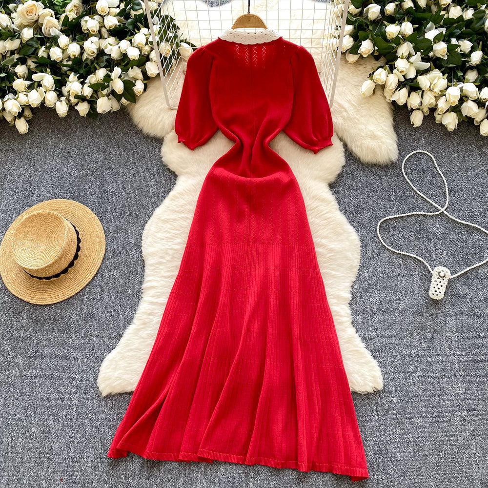 Springfrench doll collar lace collar puff sleevesilmslimming look short-sleeved knittingdress single-row gold button long skirt