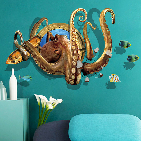 3D deep sea octopus wall sticker, bedroom living room dormitory background decoration removable self-adhesive sticker XL8311