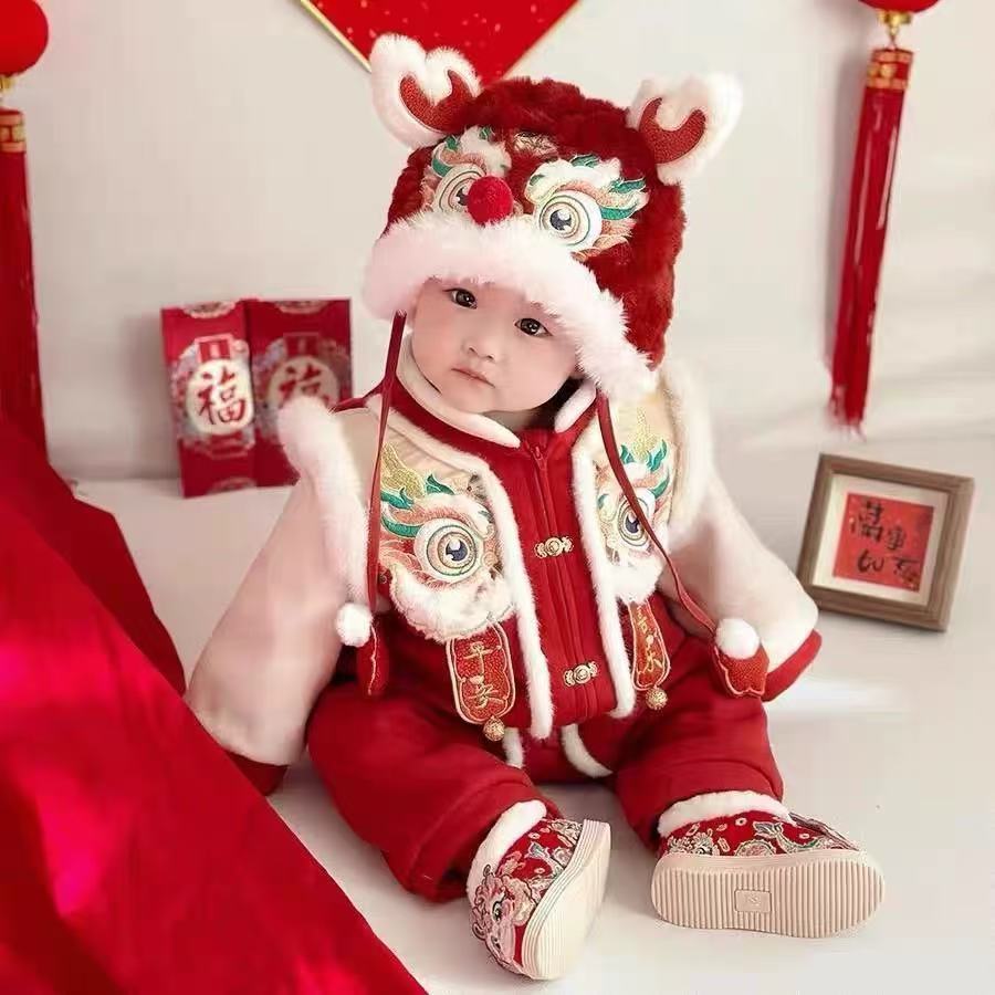 Baby thickened winter clothes newborn outfit new year bodysuit baby red full month celebration winter new year's greeting