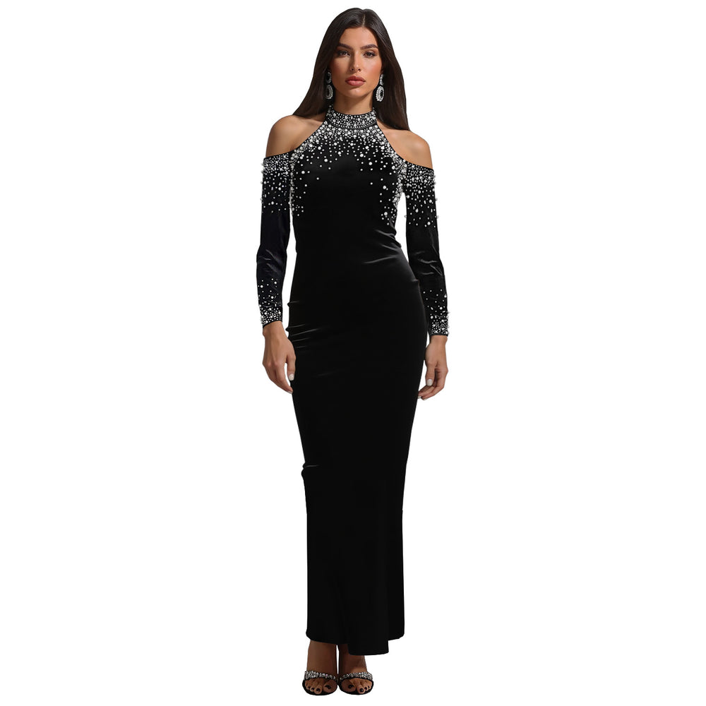 C7410 cross-border   fashion women's elegant rhinestone beaded sleeveless sexy dress