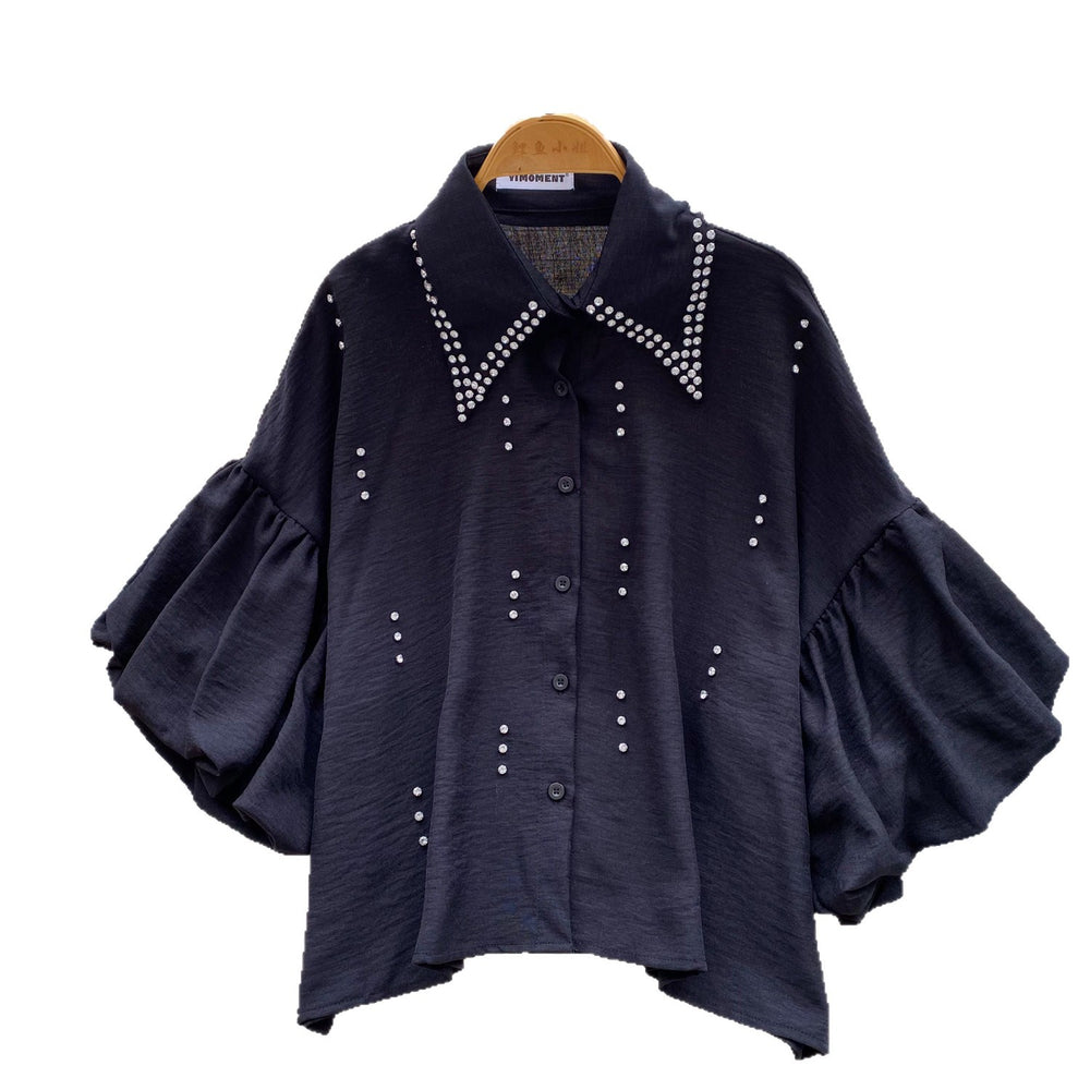 French-style heavy beaded lapel diamond-embellished shirt for women - summer lantern sleeve cardigan, loose fit, versatile, high-end top
