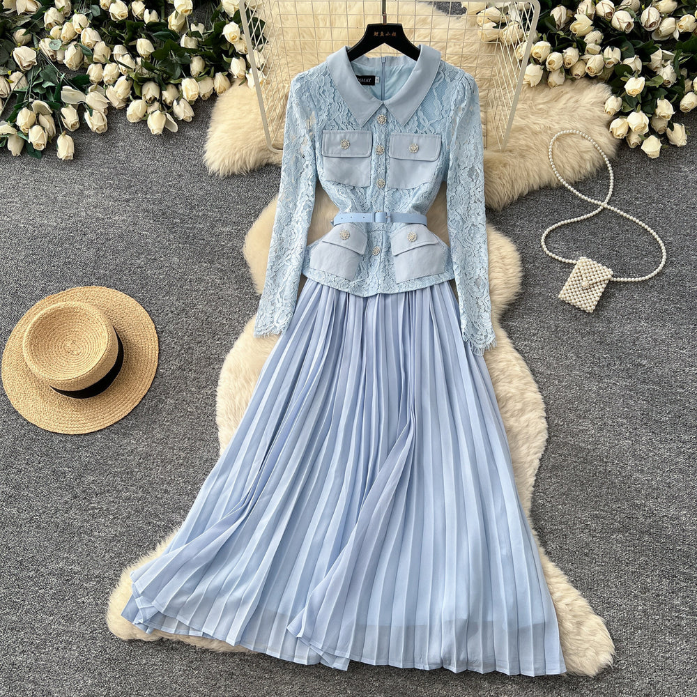 French chic red peter pan collar lace patchwork dress - women's  autumn commute elegant pleated skirt