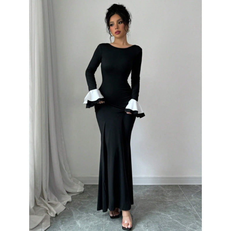 cross-border solid color color block crew neck long sleeve slim fit long elegant dress