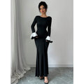 cross-border solid color color block crew neck long sleeve slim fit long elegant dress