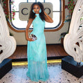 European and american style ins cross-border women's clothing slimming look slightly see-through vacation casual a-line skirt halter stand collar pure colorlongdress