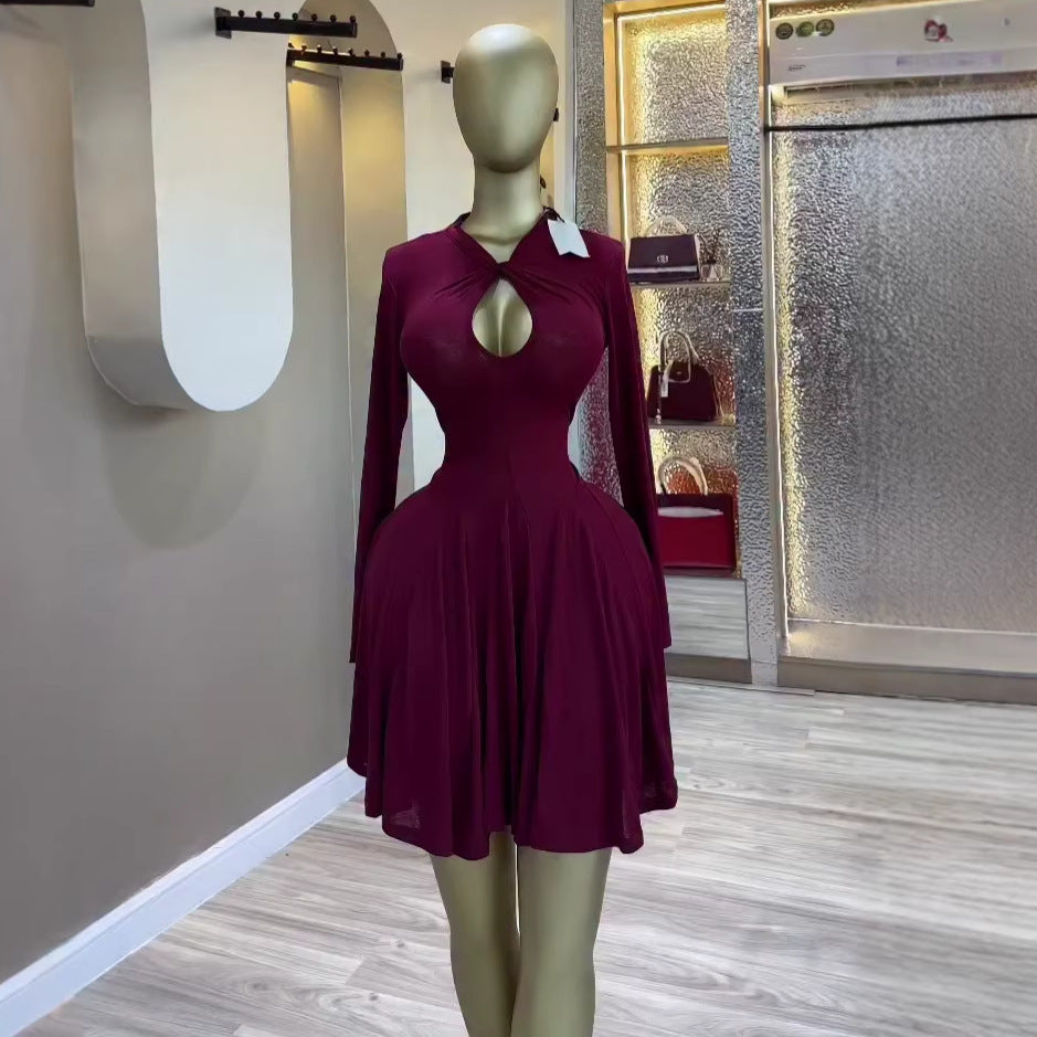 European and american cross-border women's fashion:  summer new arrivals - sexy, elegant, hollow-out, slim-fit, asymmetrical solid color mini dress