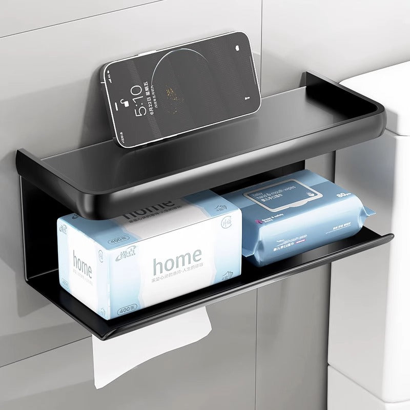 Bathroom tissue box wall-mounted organizer, toilet paper holder, punch-free installation, black