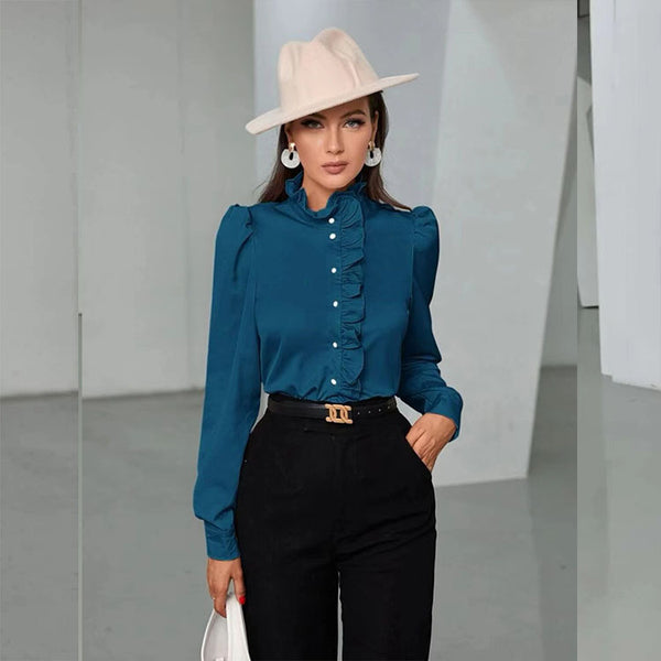 Europe and the United States  new high-grade acetic acid fabric shirt long-sleeved fungus edge straight women's top shirt women