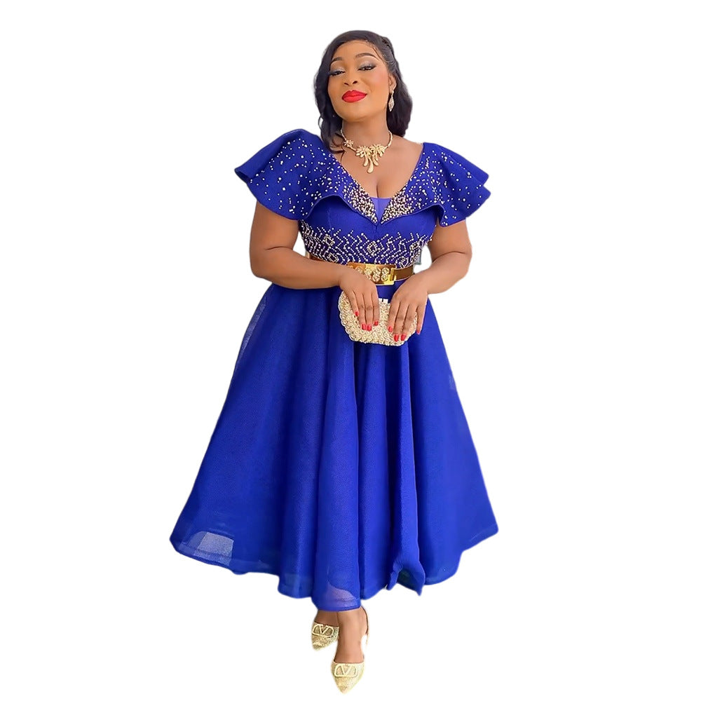 export women's plus size v-neck sexy bodycon dress african  beaded high waist dress with belt