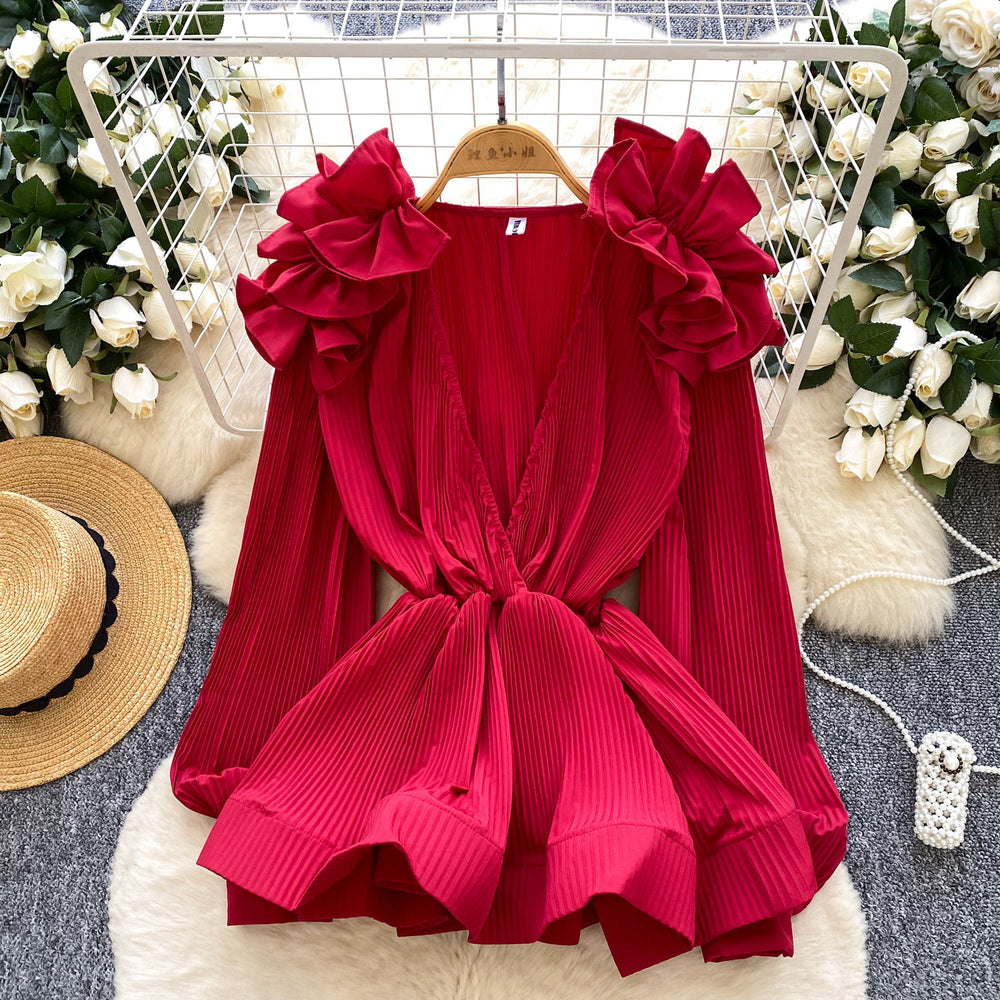 European and american fashion v-neck ruffle trim long sleeve blouse - women's  autumn high-end slim fit ruffle hem top