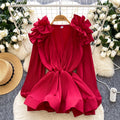 European and american fashion v-neck ruffle trim long sleeve blouse - women's  autumn high-end slim fit ruffle hem top