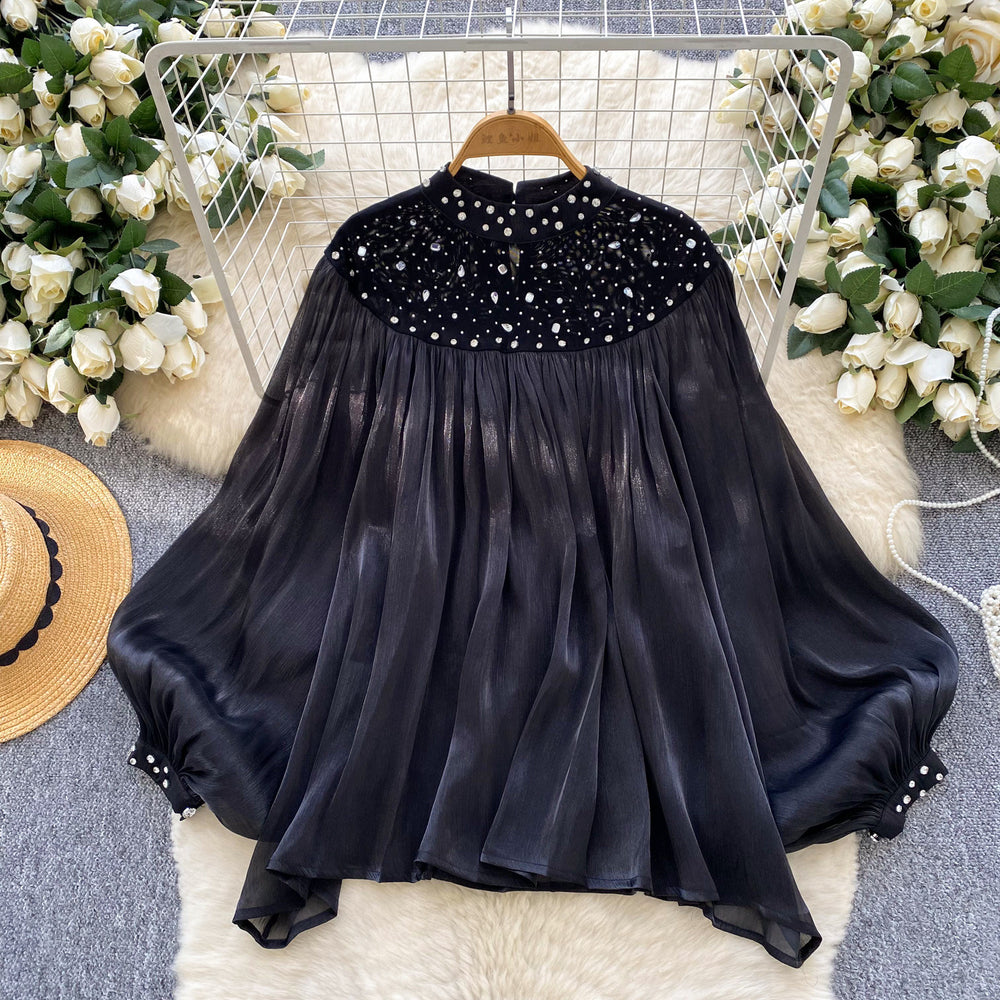 Palace style niche styleclassy heavy industry beading hot diamond lantern sleeve tassel mesh shirt women's loosecasualtops