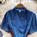 French work clothing style v neckasymmetrical short-sleeved shirt for women with waist slimming looksense of design bluetopsaccessible luxury style