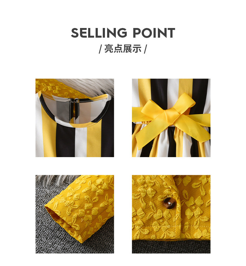 Girls' two-piece foreign trade dress set: yellow and black vertical striped sundress with jacquard cardigan and collared jacket