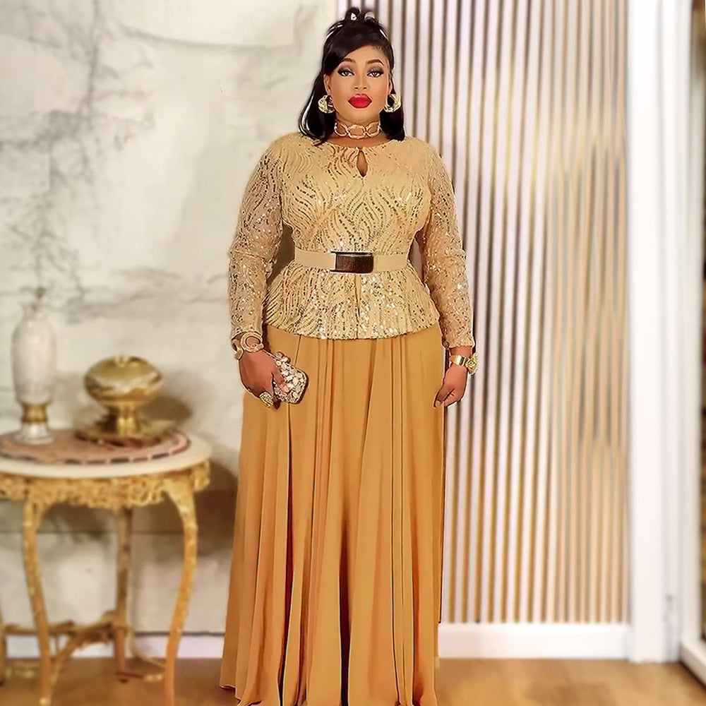 e-commerce  sequin banquet party dress long gown african women's plus size dress with belt