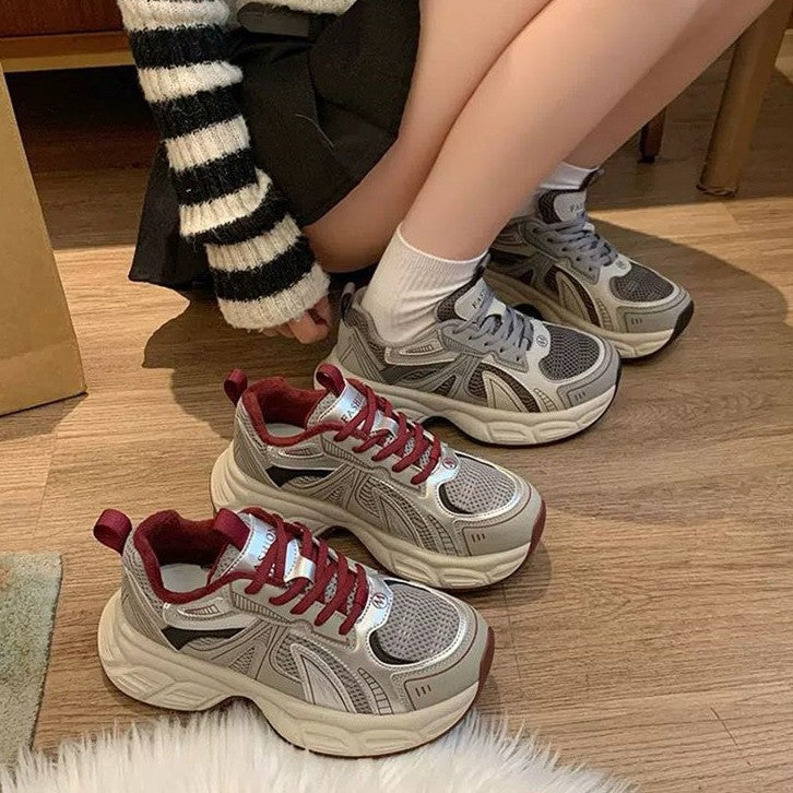 Wedge heel chunky platform dad shoes - 2026 spring/autumn new collection - cushioned comfort, lace-up, breathable mesh women's sneakers