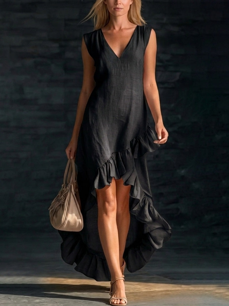 european and american cross-border  new fashion romantic sleeveless v-neck ruffle hem cotton linen maxi dress