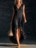 european and american cross-border  new fashion romantic sleeveless v-neck ruffle hem cotton linen maxi dress